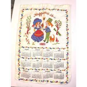1983 Calendar Tea Towel 'Happiness Is' Vintage Linens Young Love 80's Kitchen